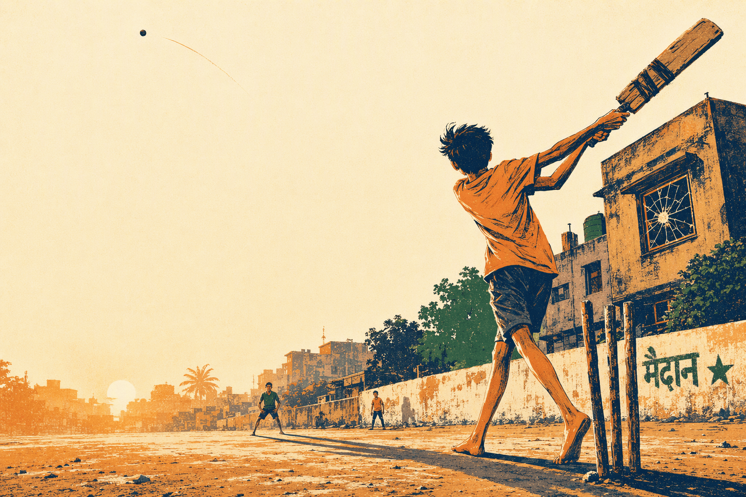 A young batter, barefoot and without pads, hitting a six with a taped wooden plank on a dusty maidan at sunrise — the ball arcing away and a window cracked behind him